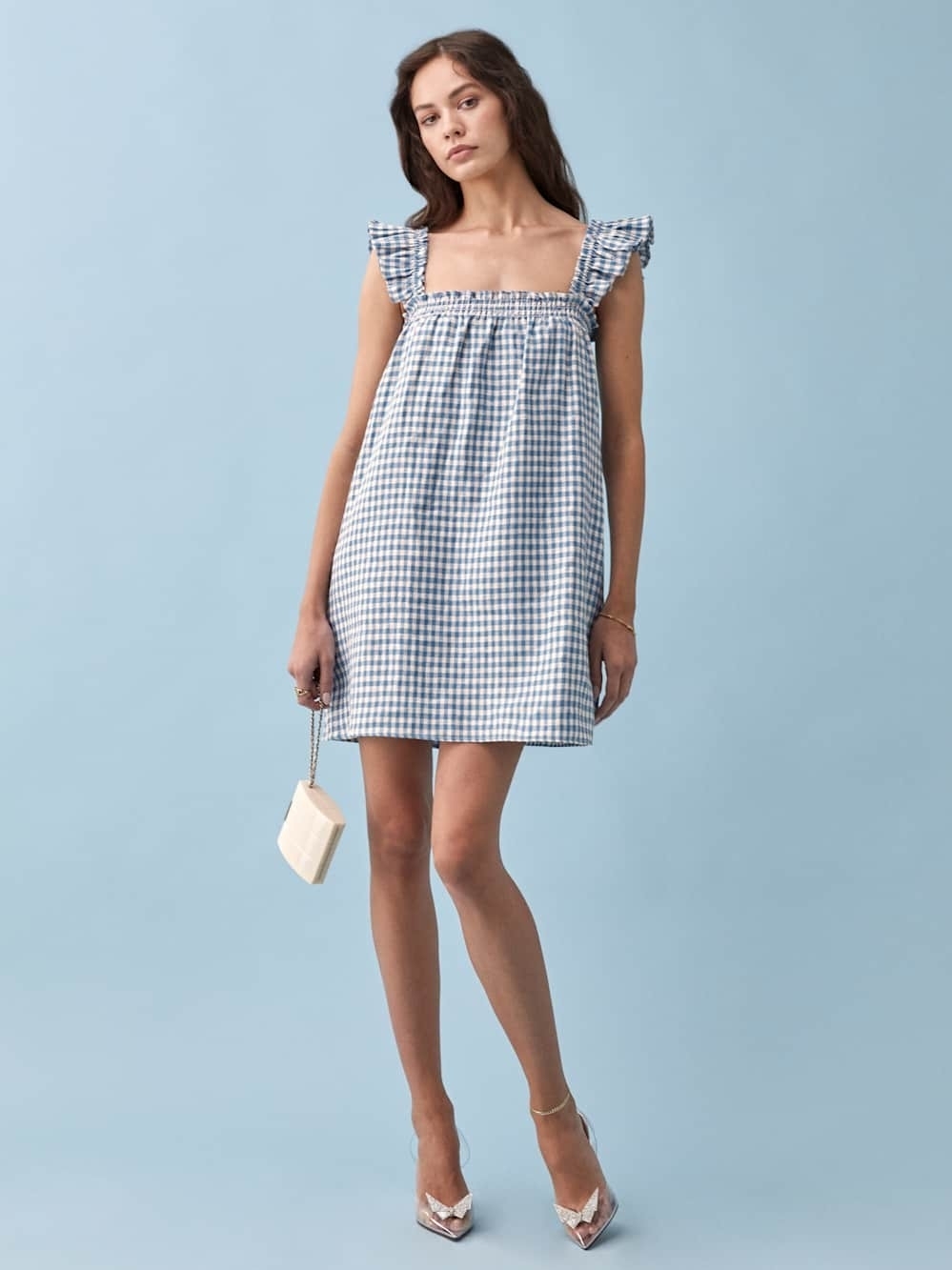 Reformation Blue Gingham Ruffle Strap Mini Dress